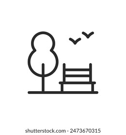 Park resting area, linear style icon. Bench, tree, and birds. Editable stroke width