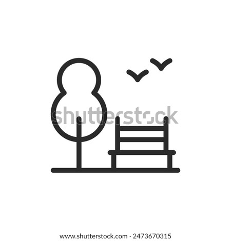 Park resting area, linear style icon. Bench, tree, and birds. Editable stroke width