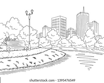 Park River Graphic Black White City Landscape Sketch Illustration Vector