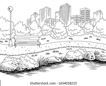 Park River Graphic Black White City Landscape Sketch Illustration Vector