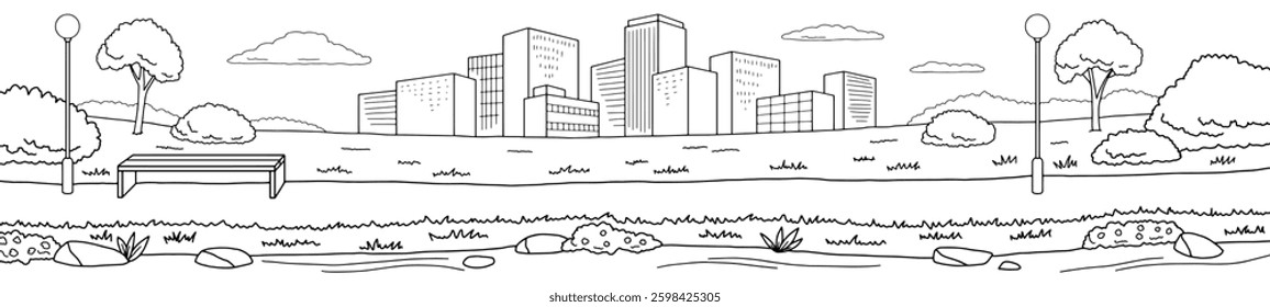 Park river graphic black white city landscape sketch long illustration vector 