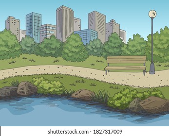 Park River Graphic Color City Landscape Sketch Illustration Vector 