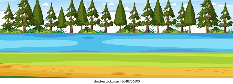 Park and river horizontal landscape scene illustration