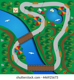 The park with a river and lake. View from above. Vector illustration. 