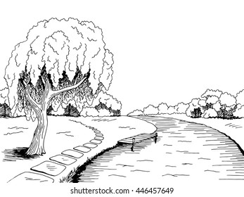 Park River Willow Tree Graphic Art Black White Landscape Sketch Illustration Vector