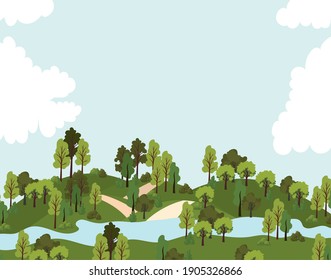 Park mit Straßen, Bäumen und einem Fluss, Vektorgrafik-Design