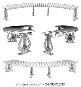 Park Round Bench Vector 10. Bench With Legs In The Shape Of The Musical Instrument Lyre.