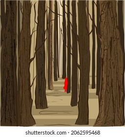 Park, sad little girl in red on the alley, huge trees
