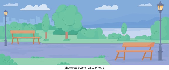 Park scene background. Green summer day landscape. Vector illustration