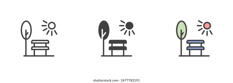 Parkszene mit Bankbaum und Sonne verschiedenen Stil Icon Set. Linie, Glyphe und gefüllte Umrissfarben, Umriss und gefüllte Vektorgrafik. Öffentliches Parksymbol, Logo-Illustration. Vektorgrafik-Grafiken