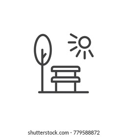 Park scene with bench tree and sun line icon, outline vector sign, linear style pictogram isolated on white. Symbol, logo illustration. Editable stroke