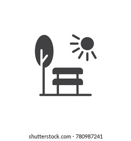 Park scene with bench tree and sun icon vector, filled flat sign, solid pictogram isolated on white. Symbol, logo illustration