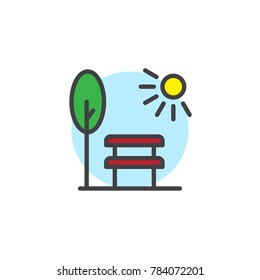Park scene with bench tree and sun filled outline icon, line vector sign, linear colorful pictogram isolated on white. Symbol, logo illustration. Pixel perfect vector graphics