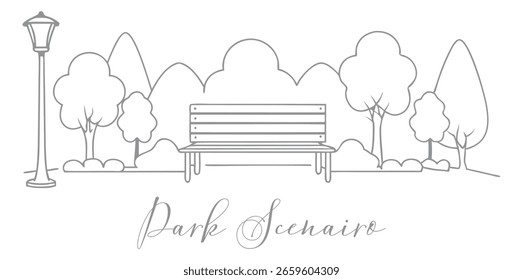 Cena De Parque Com Banco E Árvores Natureza Paisagem Ícone Minimalista Conceito Contínuo Uma Linha Desenho Editável Traço