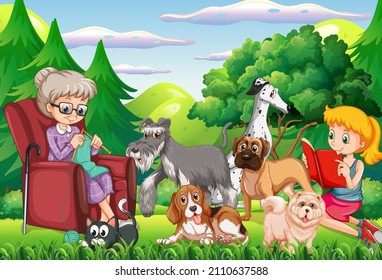 Park scene with children playing with dogs illustration