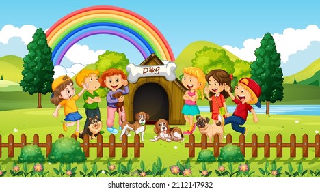 Park scene with children playing with their animals illustration