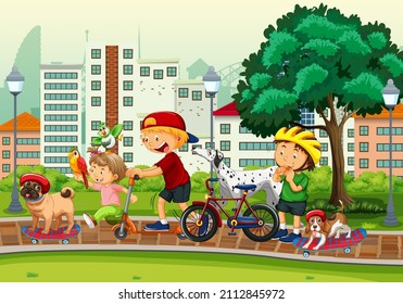 Park scene with children playing with their animals illustration