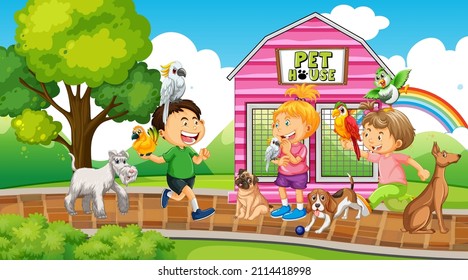 Park scene with children playing with their animals illustration