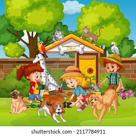 Park scene with children playing with their animals illustration