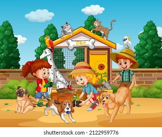 Park scene with children playing with their pets illustration