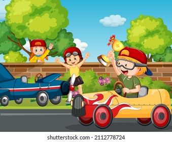 Park scene with children racing car illustration