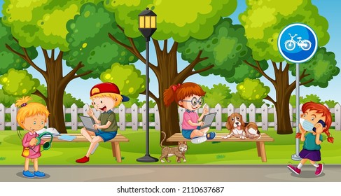 Escenario de estacionamiento con niños utilizando ilustración de dispositivos tecnológicos