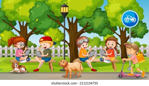 Park scene with children using technology devices  illustration