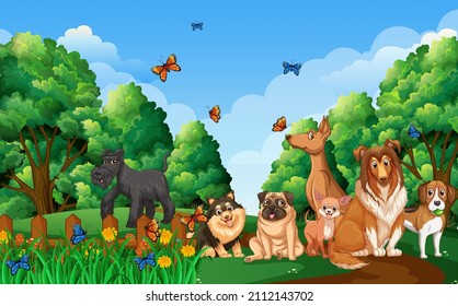 Park scene with different dogs illustration