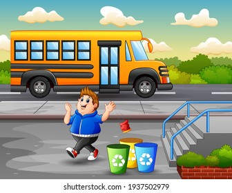 Park scene with fat boy throws garbage in the trash
