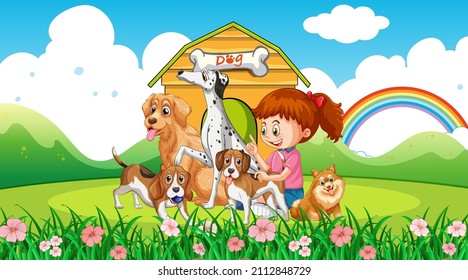 Park scene with a girl playing with her dogs illustration