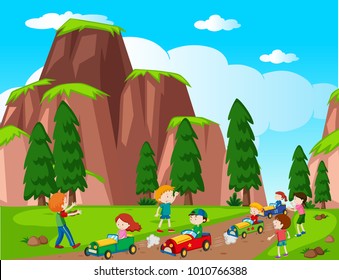 Park scene with kids racing car illustration