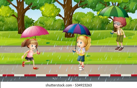 Park scene with kids in the rain illustration