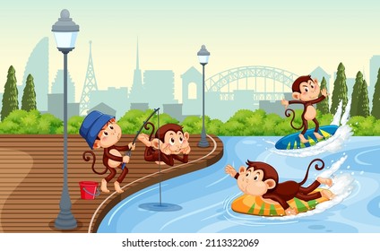 Park scene with little monkeys doing different activities illustration