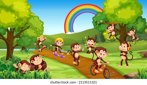 Park scene with little monkeys doing different activities illustration