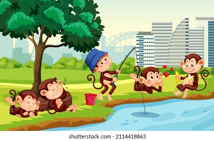 Park scene with little monkeys doing different activities illustration