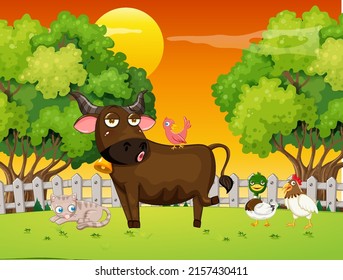 Park scene with many animals illustration