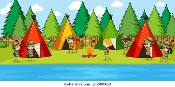 Park scene with many kids camping doodle cartoon character illustration
