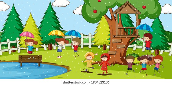 Park scene with many kids doodle cartoon character illustration