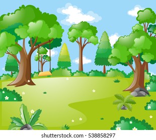 Park scene with many trees and swing illustration