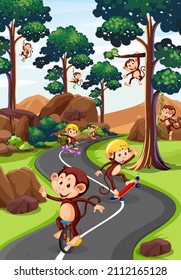 Park scene with monkeys doing different activities illustration