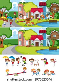 Park scene set with many kids doodle cartoon character isolated illustration