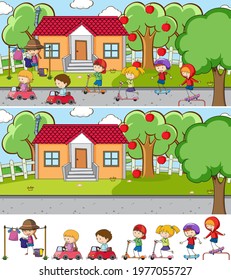 Park scene set with many kids doodle cartoon character isolated illustration