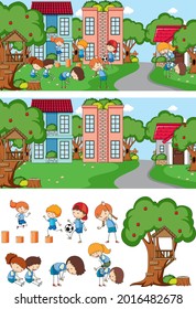 Park scene set with many kids doodle cartoon character isolated illustration
