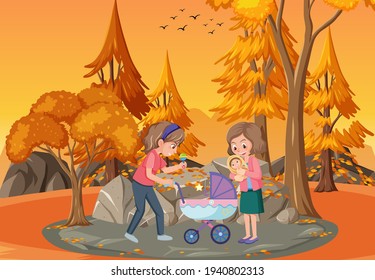 Park scene at sunset time with mother and daughter illustration
