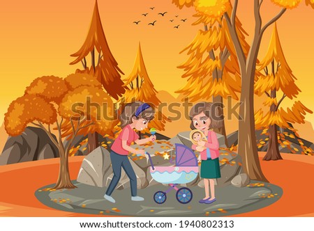 Park scene at sunset time with mother and daughter illustration