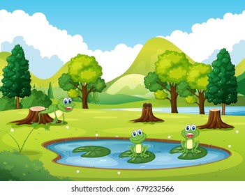 Park scene with three frogs in the pond illustration