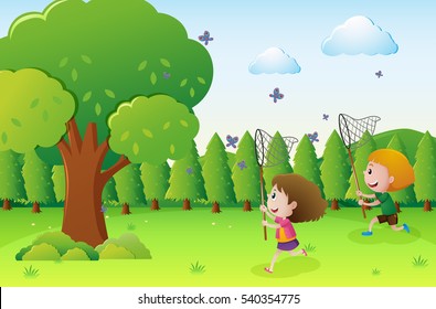 Park scene with two kids catching butterflies illustration