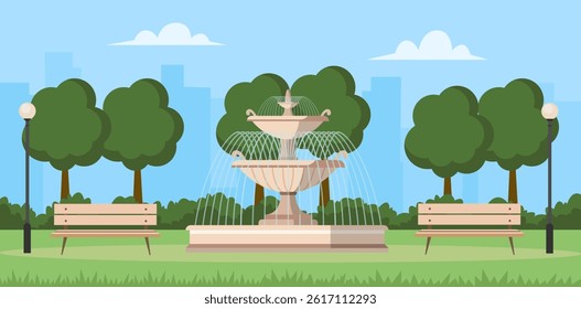 Park scene with a water fountain, bench and street lamps. Public park concept. Vector stock