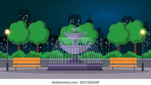 Park scene with a water fountain, bench and street lamps. Public night park concept. Vector stock