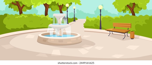 Park scene with a water fountain, pathway, bench and street lamps, in a colorful vector illustration on a sunny day concept. Vector illustration